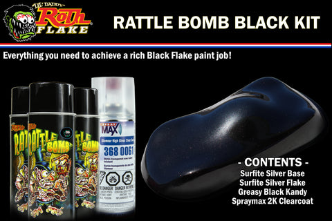 Rattle Bomb Kit - Black Kit - Aerosol Metal Flake, Basecoat, Kandy, Clearcoat
