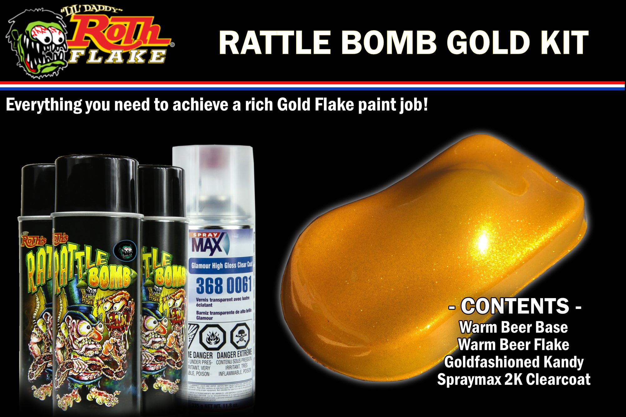 Rattle Bomb Kit - Gold Kit - Aerosol Metal Flake, Basecoat, Kandy, Clearcoat