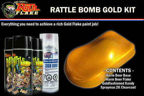 Rattle Bomb Kit - Gold Kit - Aerosol Metal Flake, Basecoat, Kandy, Clearcoat