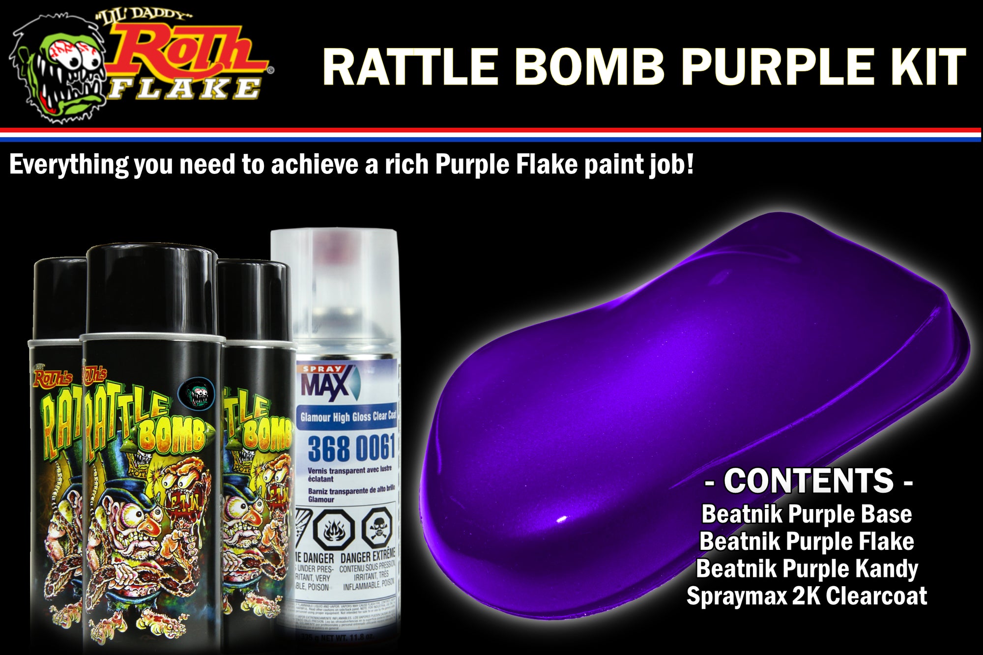 Rattle Bomb Kit - Purple Kit - Aerosol Metal Flake, Basecoat, Kandy, Clearcoat